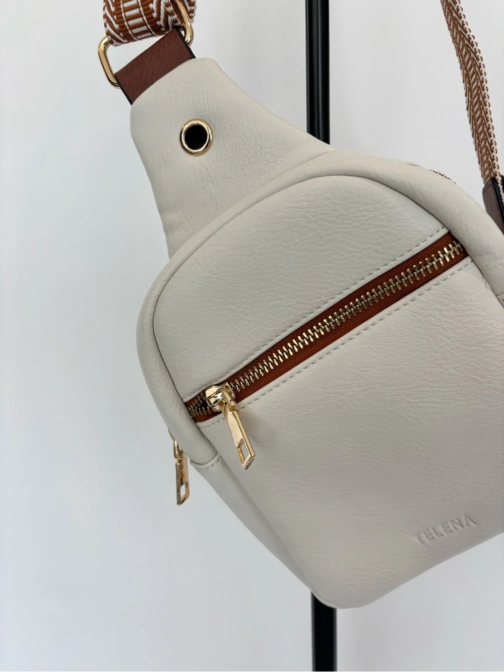 Cream Crossbody Sling Bag with Brown Accent Strap